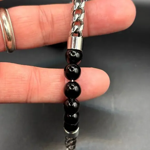 Blackjack BJB220NX Mens Genuine Onyx Bead & Stainless Steel Franco Bracelet NWT